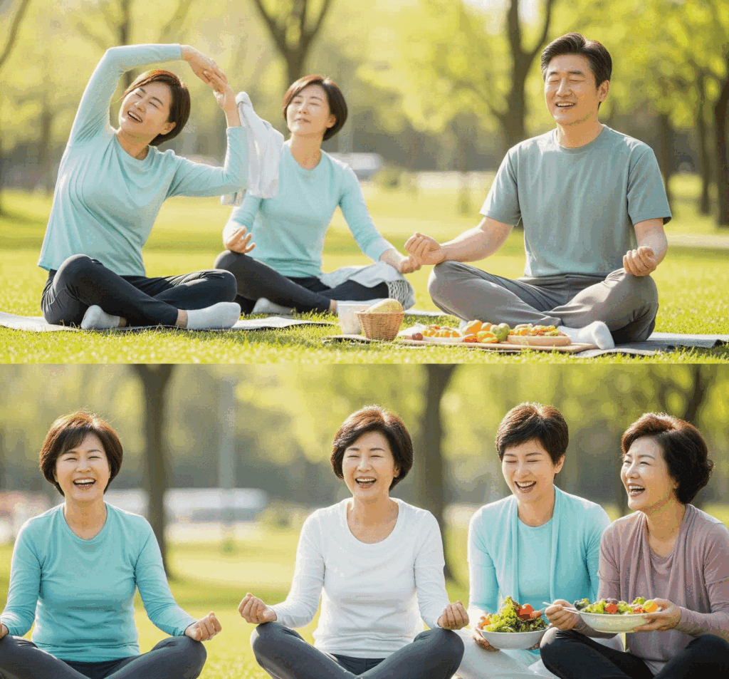 이미지 대체 텍스트 (Alt Text)
40대 이상의 한국인 남녀들이 공원에서 요가, 명상, 건강한 식사, 함께 웃는 모습 등 활기찬 활동을 하는 장면. 40대 이상이 꼭 체크해야 할 5가지 건강 포인트를 상징하며, 중년의 건강하고 활동적인 삶을 표현.