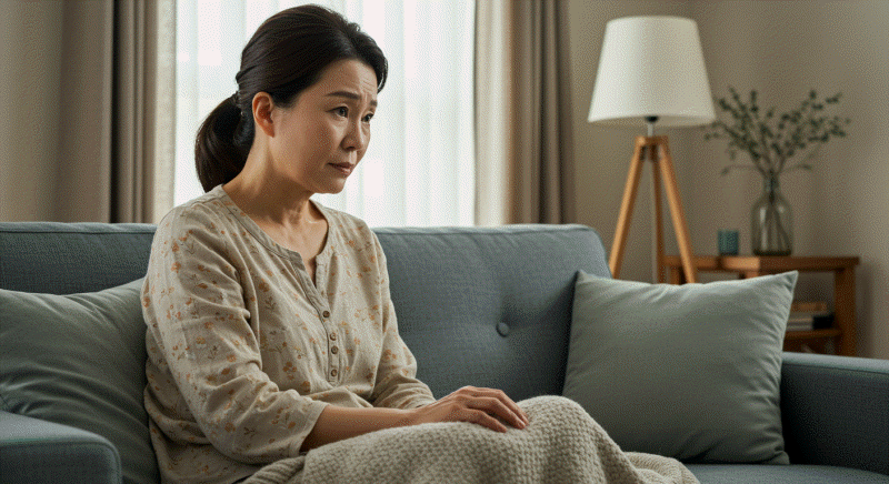 소파에 앉아 먼 곳을 응시하며 불안하거나 슬픈 표정을 짓고 있는 50대 중년 여성
