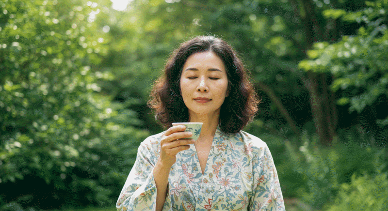 야외 자연 속에서 눈을 감고 편안한 표정으로 차를 마시며 명상하는 듯한 50대 중년 여성