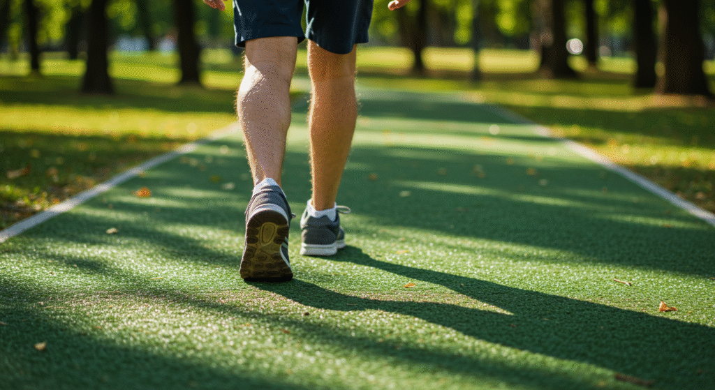 콜레스테롤 관리를 위해 공원에서 가볍게 산책하며 유산소 운동을 하는 모습