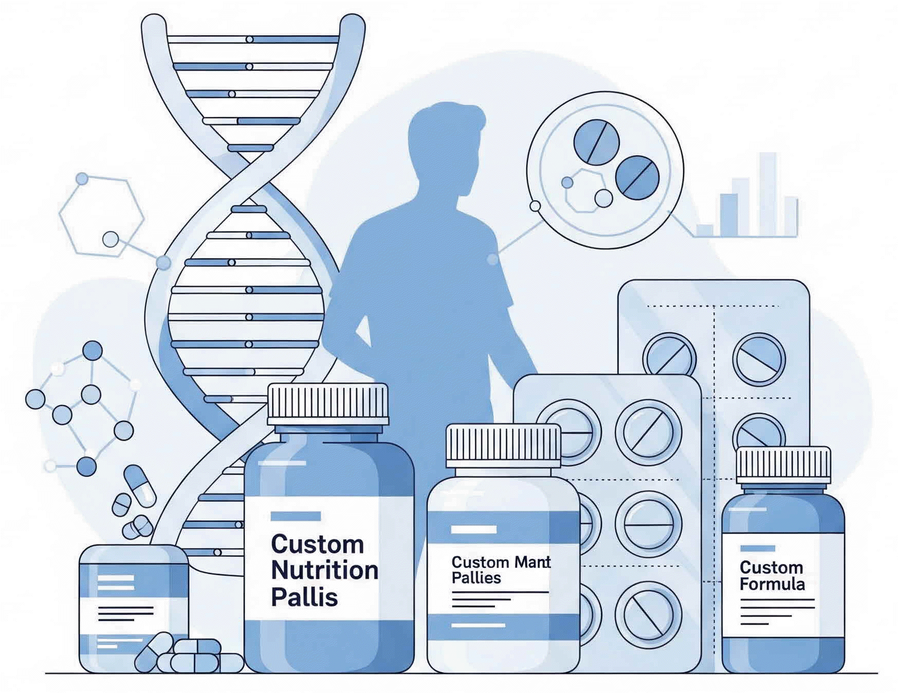 DNA 유전자 및 혈액검사 결과를 바탕으로 개인에게 맞춤 제작된 영양제 패키지 이미지. 건강 데이터를 통한 개인맞춤형 영양제 추천 및 효능을 시각적으로 표현.