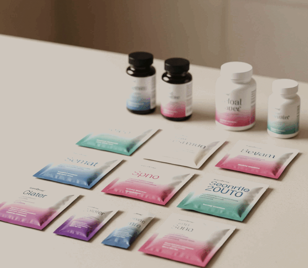 개별 포장된 맞춤형 영양제 병과 파우치들. 개인의 필요에 따라 맞춤 제작된 영양제의 실용성과 편리함을 상징.