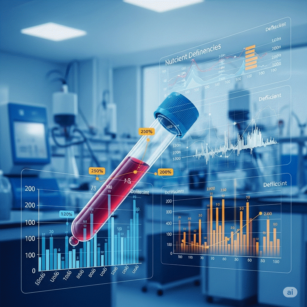 혈액 샘플이 분석되는 모습. 영양소 결핍을 파악하고 개인맞춤 영양제를 추천하는 과학적 분석 과정을 시각화.