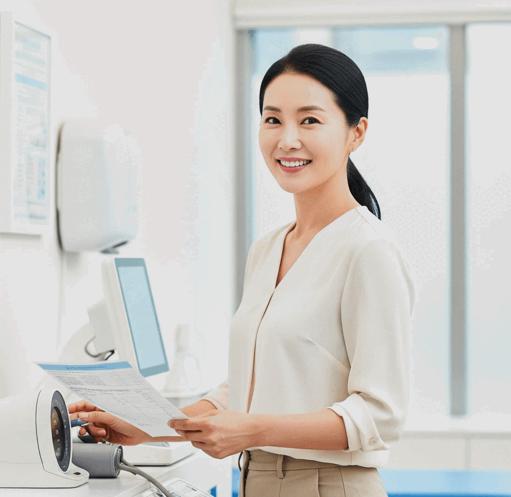 40대 한국인 여성이 건강검진센터에서 미소 지으며 건강 검진표를 확인하는 모습. 4050 중년 여성에게 필요한 건강검진의 중요성과 적극적인 건강 관리를 강조.