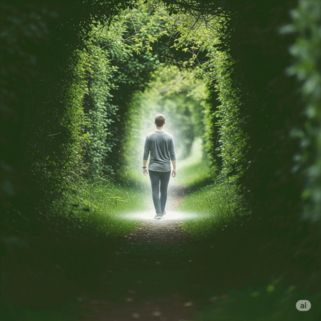 숲길을 걷는 사람 주위에 은은한 빛이 감도는 모습.