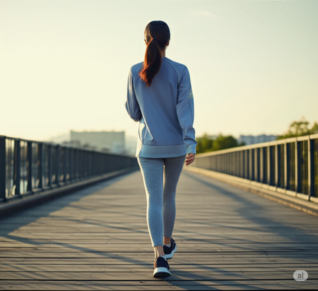 햇살 좋은 아침, 다리 위를 걷는 여성의 뒷모습.