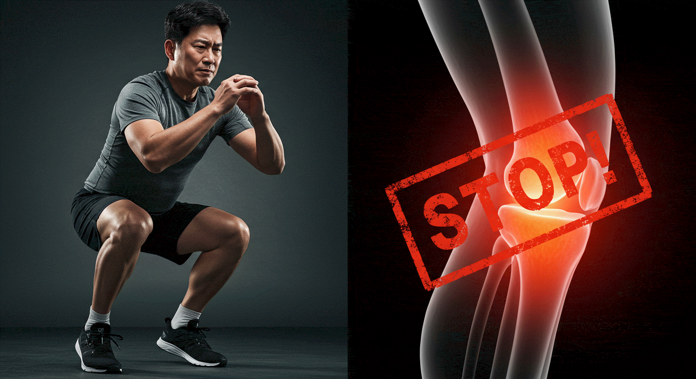 40대 50대 무릎 관절에 독이 되는 최악의 운동을 경고하는 이미지. 한 중년 남성이 무릎에 무리가 가는 운동을 하자, 엑스레이로 본 무릎 관절에 염증이 생기는 모습이 표시되어 무릎 통증의 원인을 설명함.