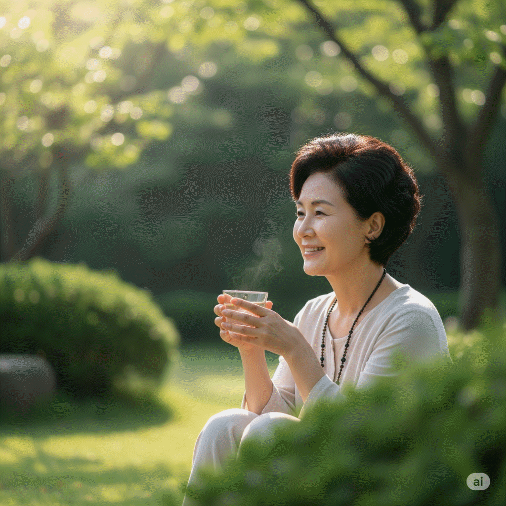 햇살이 비치는 푸른 정원에서 편안한 옷차림의 중년 한국 여성이 따뜻한 김이 나는 투명한 컵을 두 손으로 잡고 평화롭게 미소 짓고 있습니다. 그녀의 얼굴에는 온화함과 지혜가 느껴지며, 주변의 나무와 풀들이 평온한 분위기를 더합니다.