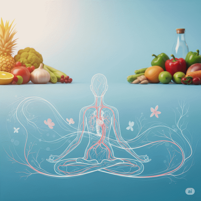 요가 자세를 취한 사람의 실루엣과 혈관 구조, 그리고 신선한 과일 및 채소.