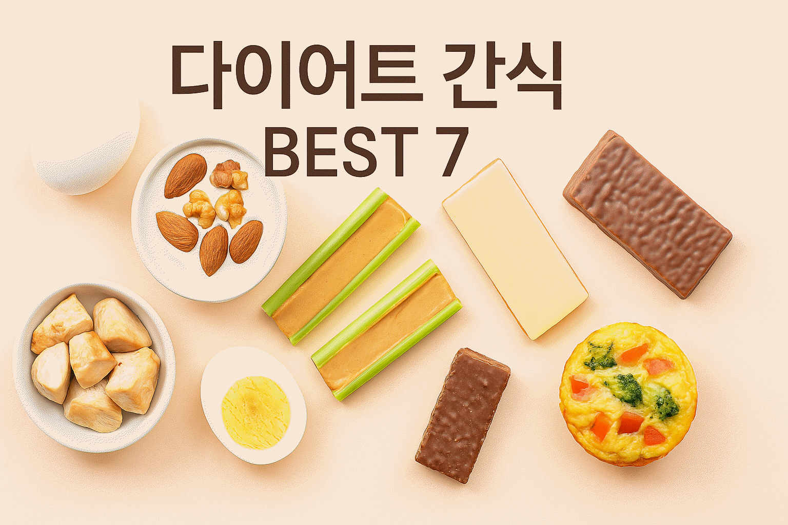 다이어트 중 먹어도 되는 저탄수 고단백 간식 7종을 평면으로 정갈하게 배치한 사진. 부드러운 파스텔 배경 위에 '다이어트 간식 BEST 7'이라는 한글 문구가 포함되어 있음.