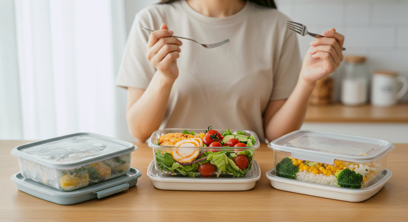 2025년 추천 다이어트 도시락 3종 – 냉동 도시락, 샐러드, 직접 만든 건강식 도시락이 테이블 위에 나란히 놓여 있는 장면