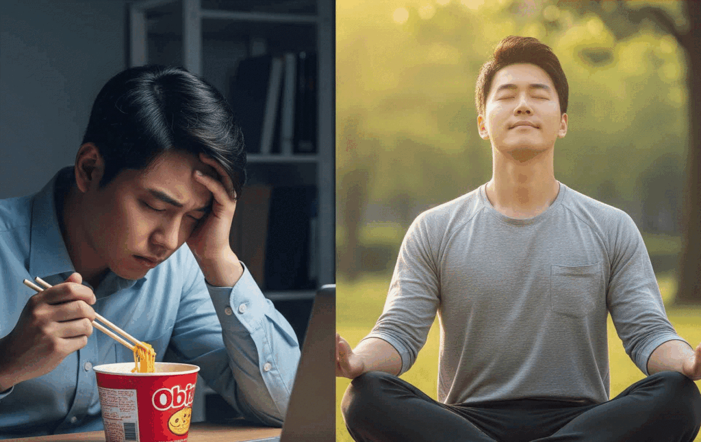 왼쪽에는 밤늦게 라면을 먹으며 피곤해 보이는 한국인 남성(면역력 저하), 오른쪽에는 아침 햇살 아래 공원에서 명상하는 같은 남성(면역력 개선)의 분할 이미지. 잘못된 루틴이 면역력을 떨어뜨리고, 하루 10분 건강 루틴으로 면역력을 높일 수 있음을 시각적으로 보여줌.