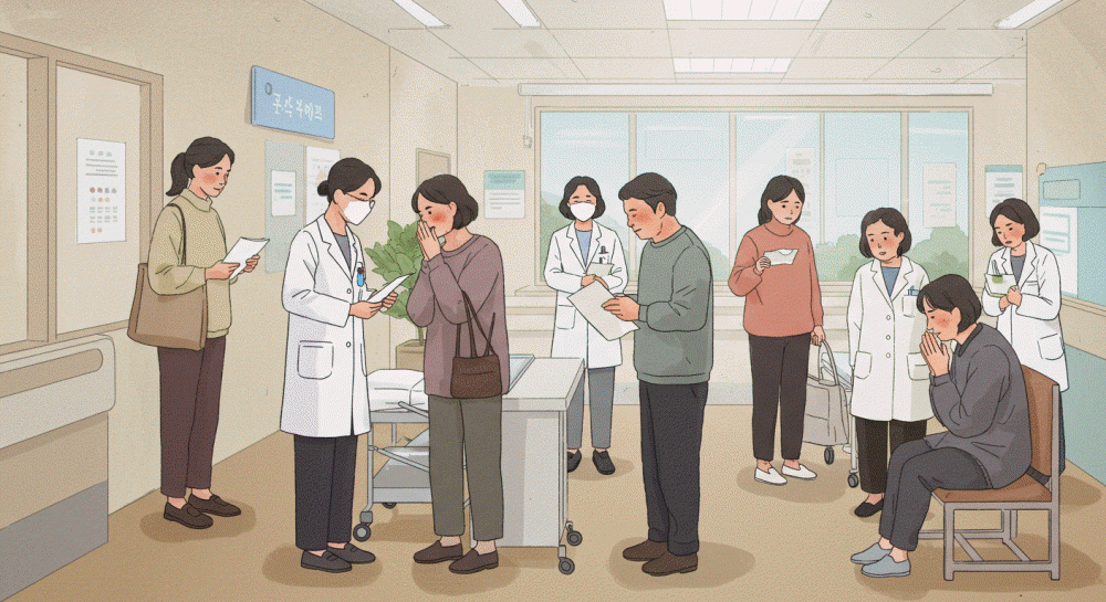 병원 로비에서 의료진과 환자들이 의료비 문제로 상담하거나 대기하며 걱정하는 모습