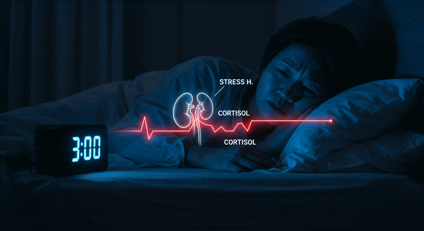 새벽 3시에 잠에서 깬 사람이 부신 피로로 괴로워하는 모습. 이미지 위로 스트레스 호르몬인 코르티솔 수치가 급증하는 그래프가 표시되어, 새벽에 잠 깨는 이유가 부신 기능 저하임을 설명함