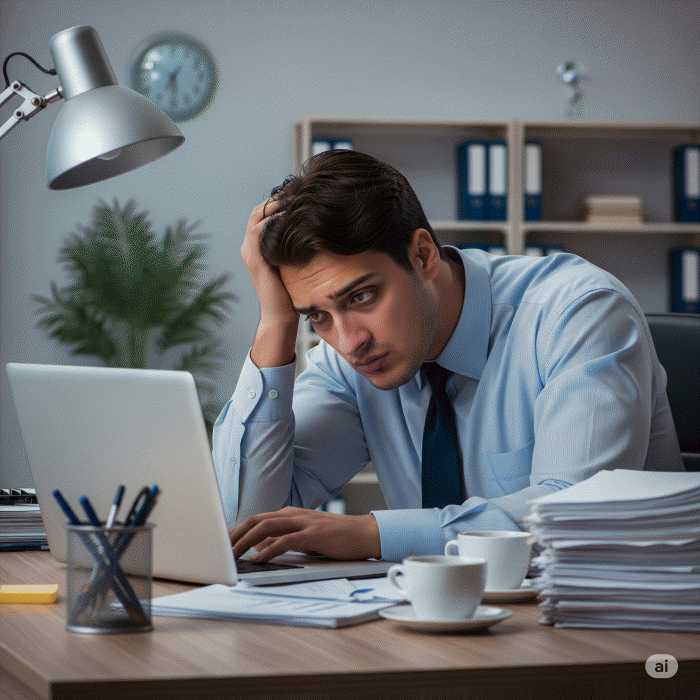 노트북 앞에서 지쳐 보이는 사무직 남성