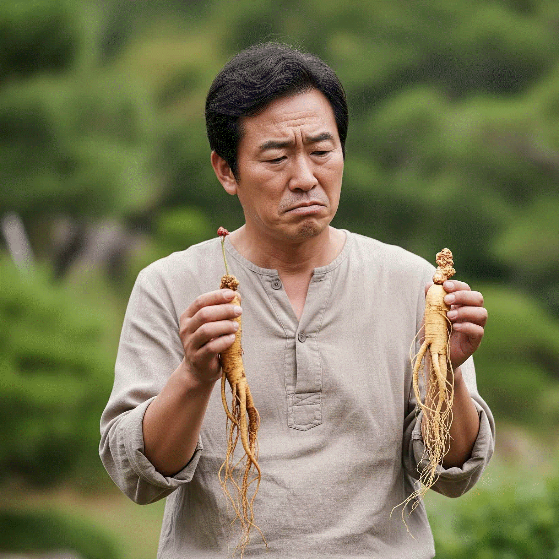 깊은 산속에서 채취된 산삼의 뿌리, 잎, 열매의 특징을 클로즈업하여 보여주는 이미지. 인삼 및 장뇌삼과의 차이점을 명확히 보여주어 산삼 구별법을 시각적으로 돕는 데 사용됨.