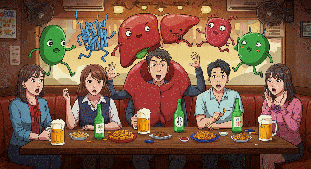 "술집 테이블에 앉은 다섯 명의 사람들이 술을 마시며 놀라는 표정을 짓고 있다. 테이블 위에는 맥주잔, 소주병, 안주가 놓여 있고, 가운데 남성은 간 모양의 의상을 입고 있다. 배경에는 의인화된 간과 효소 캐릭터가 격투하듯 움직이고 있으며, 만화 스타일의 밝고 유쾌한 분위기다. 캐릭터들은 과장된 표정과 제스처를 취하고 있으며, 유쾌한 과학 교육 느낌의 일러스트다."