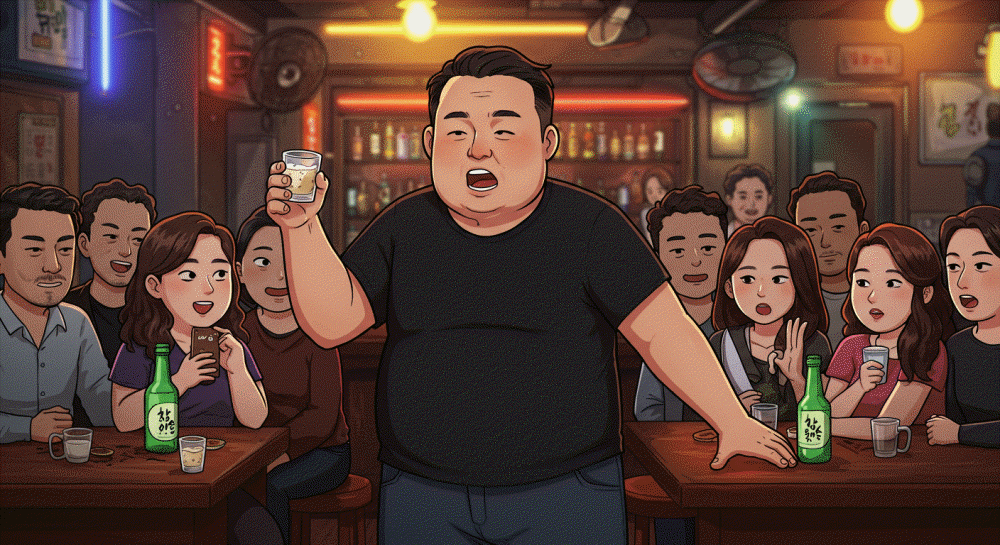 술집에서 여러 사람들 앞에서 술잔을 들고 말하는 중년 남성. 주변 사람들이 놀라거나 감탄하는 표정으로 그를 바라보고 있다. 테이블 위에는 소주병과 술잔이 놓여 있으며, 모두가 술자리를 즐기고 있는 모습