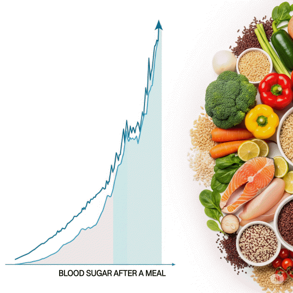 식후 혈당이 급격히 상승하는 그래프와 이를 예방하는 데 도움이 되는 채소, 통곡물, 단백질 등 건강한 식단이 함께 배치된 모습. 혈당 스파이크의 원인을 시각적으로 보여주고 건강한 식습관 전략을 제시.