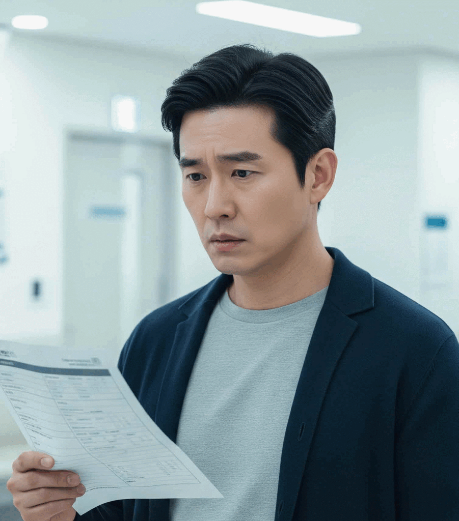 한국인 남성이 병원 복도에서 의료 검진 결과지를 심각한 표정으로 들여다보는 모습. 예상치 못한 위암과 같은 중대한 진단 결과를 접했을 때의 충격과 당혹감을 표현.