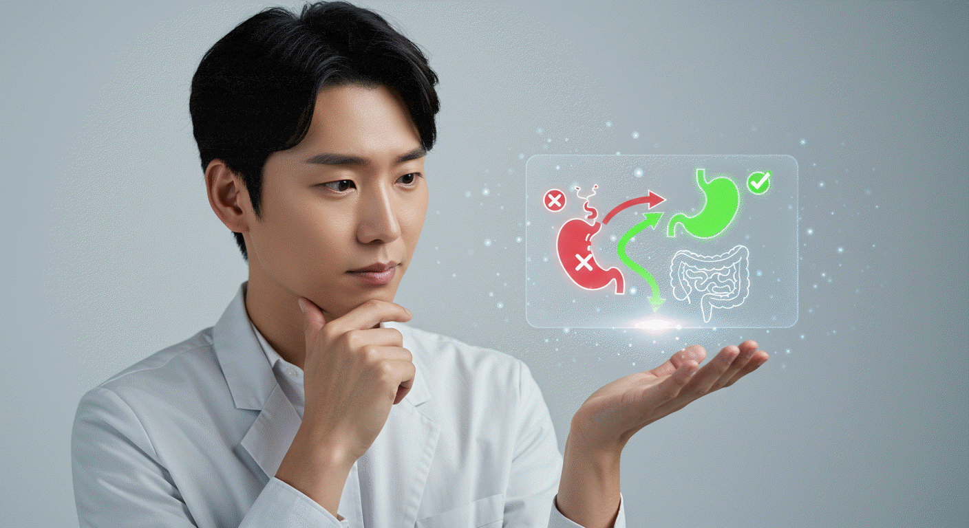 유산균의 모습을 손바닥위에서 살피는 젊은 남성