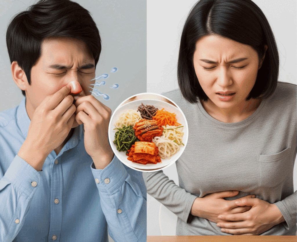 비염으로 코를 잡고 괴로워하는 한국인 남성과 복통으로 배를 움켜쥔 한국인 여성의 분할 이미지. 중앙에는 비빔밥이 놓여 있어, 식단이 비염과 장염 반복의 원인이자 해결책이 될 수 있음을 시각적으로 제시.