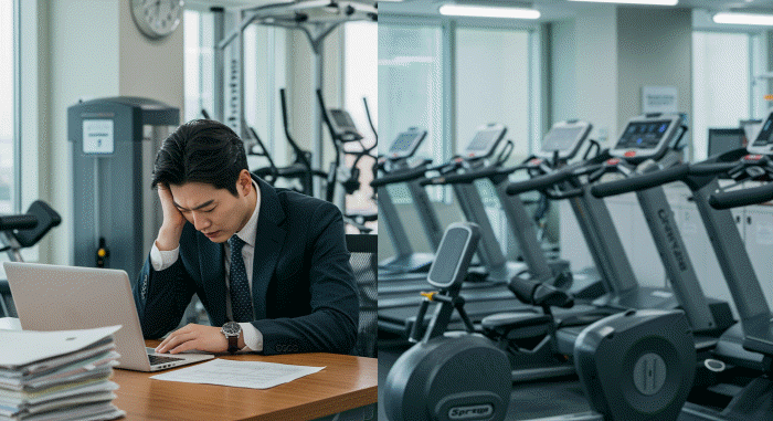 헬스 기구들이 있는 헬스장 한 켠 책상에 앉아 지친 표정으로 노트북을 사용하는 한국인 남성