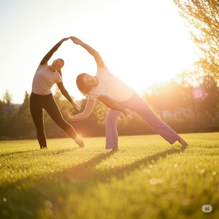 햇살 아래 잔디밭에서 함께 스트레칭하는 한국인 여성 두 명