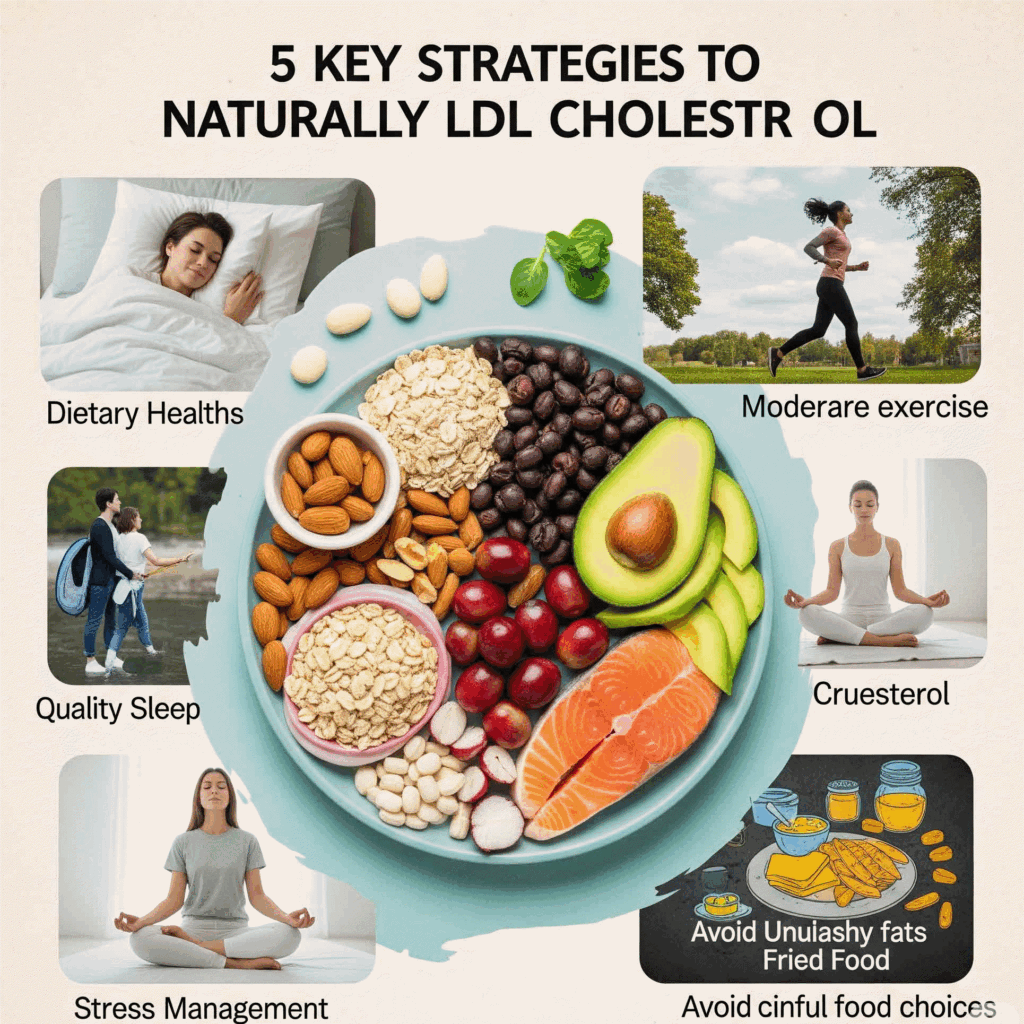나쁜 콜레스테롤(LDL)을 낮추는 5가지 비법을 시각적으로 보여주는 콜라주 이미지. 건강한 식단(귀리, 견과류, 아보카도, 연어), 규칙적인 운동(조깅), 충분한 수면, 스트레스 관리(명상), 그리고 나쁜 지방 피하기(튀긴 음식) 등 건강한 생활 습관을 통해 콜레스테롤을 관리하는 방법을 제시.