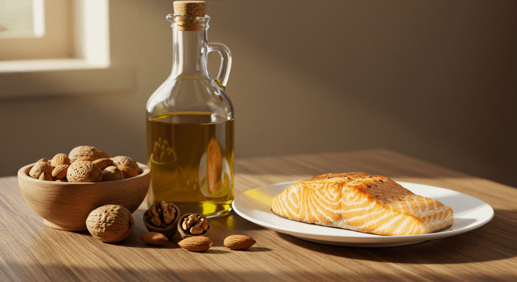 나쁜 콜레스테롤 수치를 낮추는 데 도움이 되는 올리브유, 견과류, 연어 등 건강한 음식들