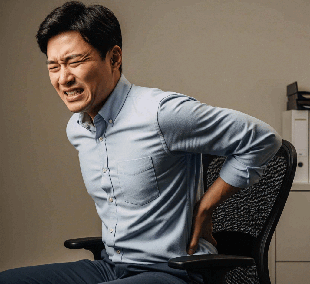 사무실 의자에 앉아 있다가 갑자기 허리를 움켜쥐고 고통스러운 표정을 짓는 한국인 남성. 단순한 앉은 자세에서도 발생할 수 있는 극심한 허리 통증을 시각적으로 강조.