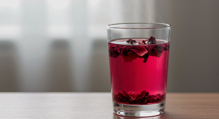투명한 유리잔에 담긴 붉은색 히비스커스 물과 그 안에 잠긴 말린 히비스커스 꽃잎들. 잔 위로 김이 모락모락 피어오르고, 배경은 흐릿하게 처리되어 있다.