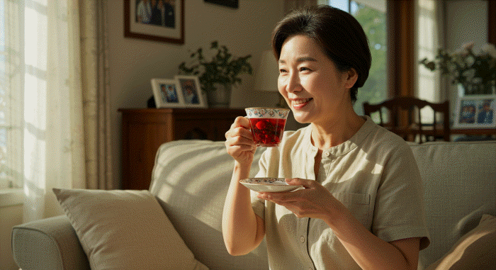 햇살이 비치는 거실에서 온화한 미소를 지으며 붉은색 차가 담긴 찻잔을 들고 있는 중년 여성.