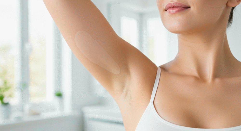 여성이 베이지색 민소매 상의를 입고 팔을 올린 채 겨드랑이를 보여주고 있다. 겨드랑이 땀을 흡수하기 위한 투명한 패치가 부착되어 있다.