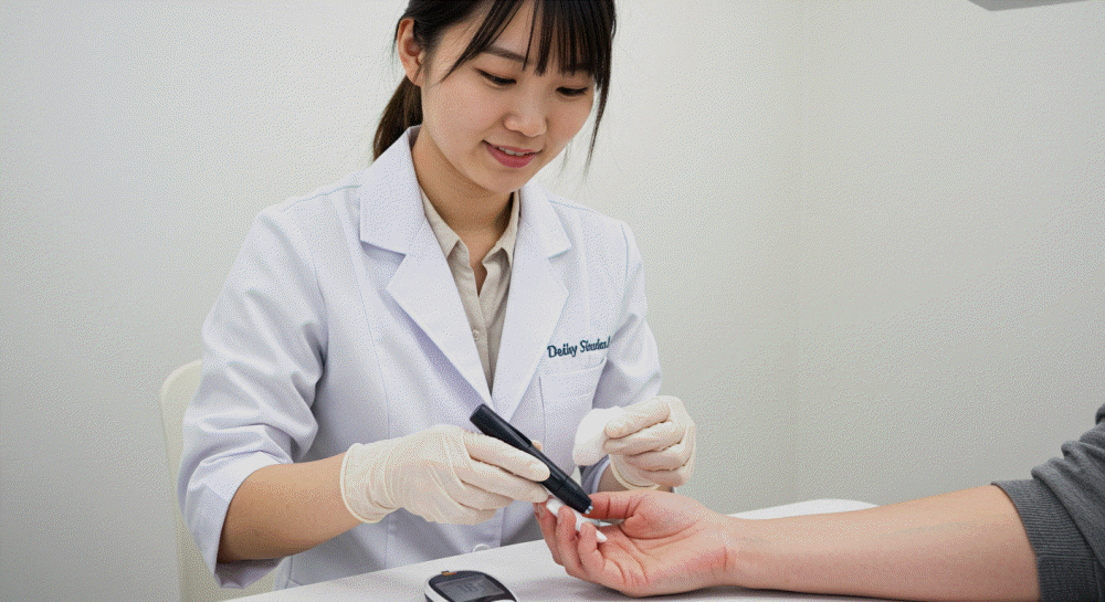 흰색 가운을 입고 위생 장갑을 낀 젊은 여성이 환자의 손가락 끝에서 채혈침으로 혈액을 채취하고 있다. 탁자 위에는 혈당 측정기가 놓여 있다.