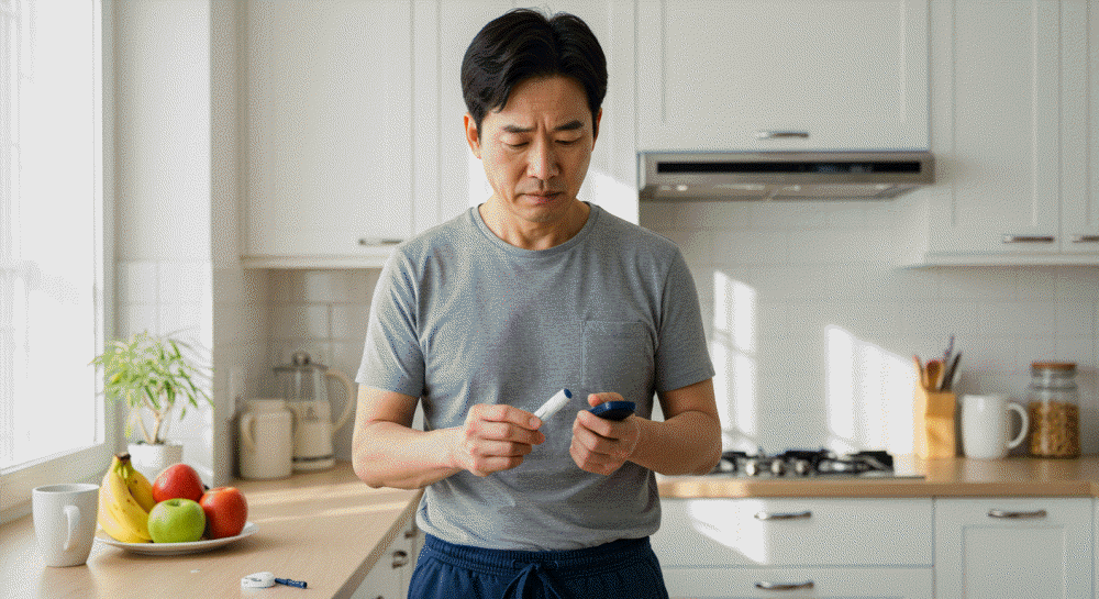 회색 티셔츠와 남색 반바지를 입은 중년 남성이 자신의 손가락에서 채혈한 혈액을 혈당 측정기에 넣기 위해 검사지를 살피고 있다. 그의 뒤로는 밝은 흰색 싱크대와 주방 가구가 보인다.