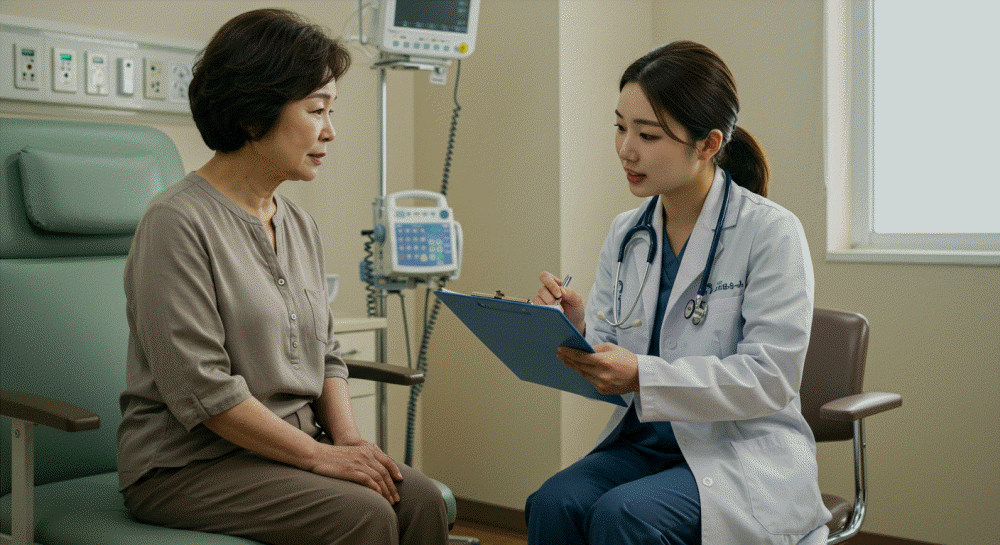 병원 진료실에서 흰색 의사 가운을 입은 젊은 여성 의사가 나이 든 여성 환자와 마주 앉아 차트를 보며 대화하고 있다.