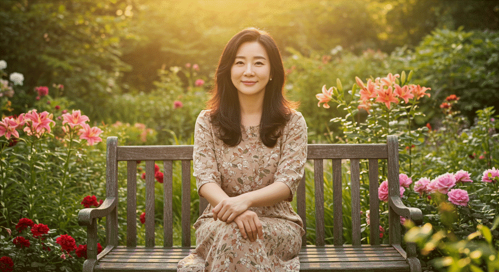 아침 햇살이 좋은 정원 벤치에 앉아 있는 아름다운 한국 중년 여성의 따뜻한 모습