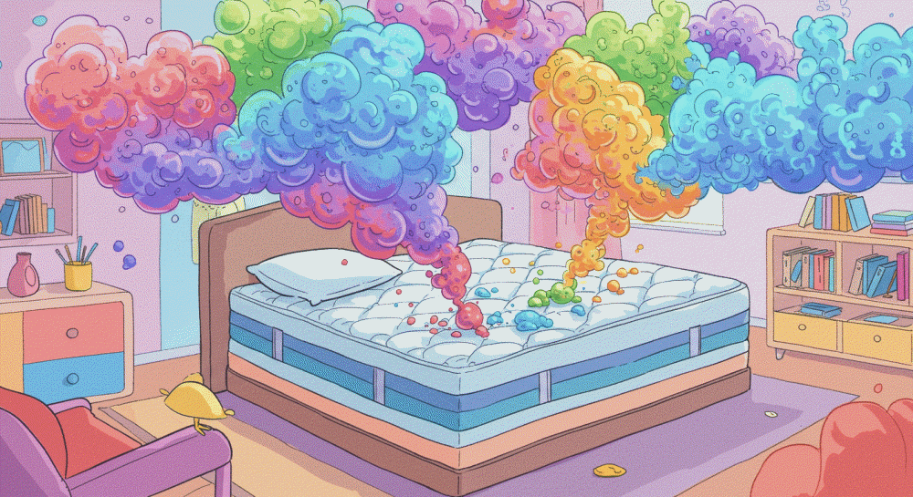 새 매트리스에서 뿜어져 나오는 휘발성 유기화합물 표현 일러스트