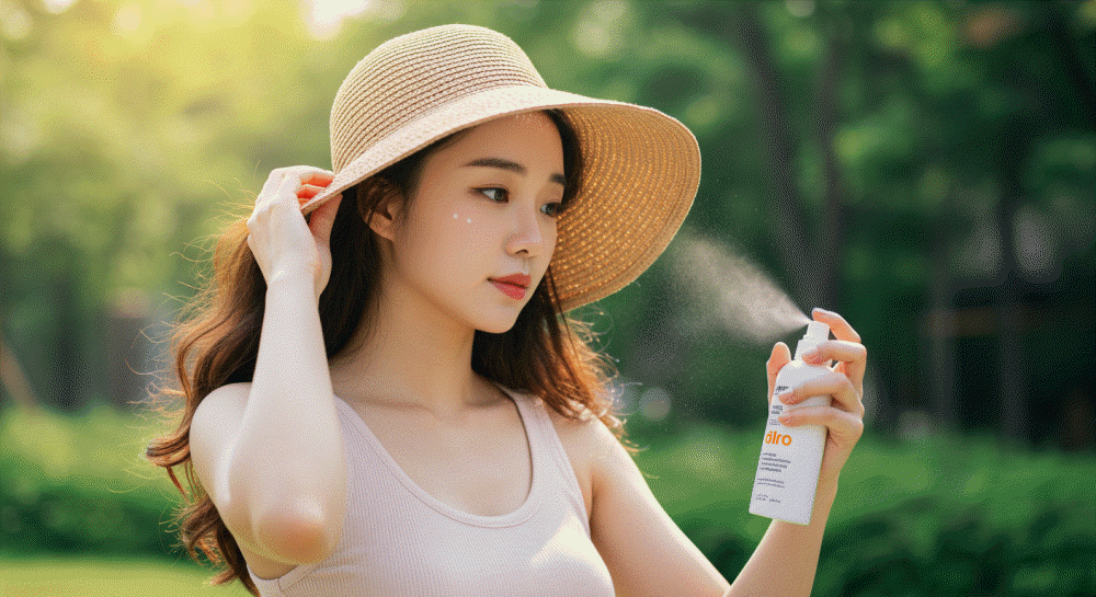 햇볕이 내리쬐는 야외에서 밀짚모자를 쓴 여성이 한 손으로 모자를 잡고 다른 한 손으로는 하얀색 스프레이 제품을 얼굴을 향해 분사하고 있다.