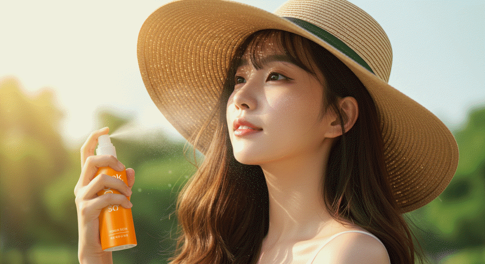 햇빛이 쏟아지는 야외에서 밀짚모자를 쓴 여성이 주황색의 헤어케어 스프레이 제품을 머리에 뿌리고 있다.