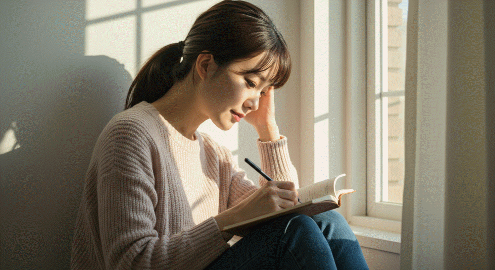 조울증 극복을 위한 루틴 - 창가에 앉아 햇살을 받으며 감정 일기를 차분히 작성하는 젊은 여성의 모습. 
