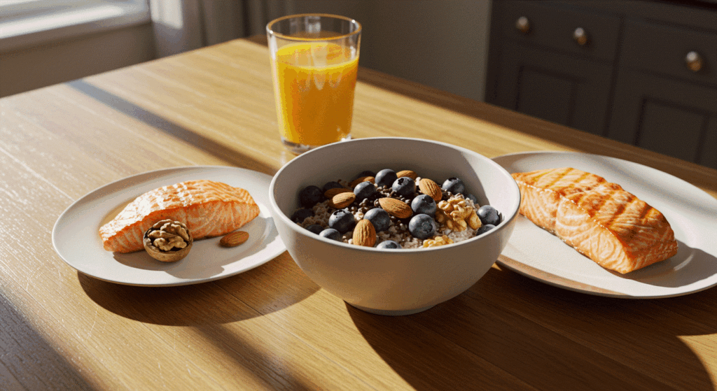 블루베리, 아몬드, 호두, 구운 연어가 놓인 건강한 아침 식단