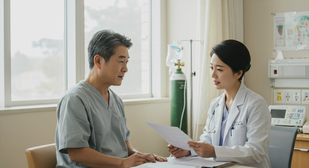 젊은 여성 의사가 병실에서 나이 든 남성 환자와 마주 앉아 진료 기록을 보며 진지하게 대화하고 있다.