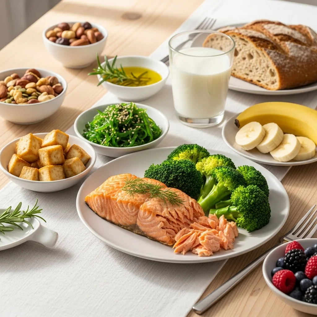 관절염에 좋은 식단 구성 – 연어, 브로콜리, 두부, 우유가 식탁 위에 놓여 있음