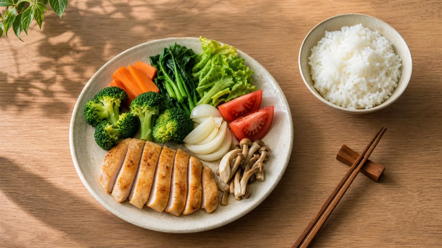 채소와 단백질을 함께 배치한 식사 플레이팅 — 식후 혈당관리 무드샷