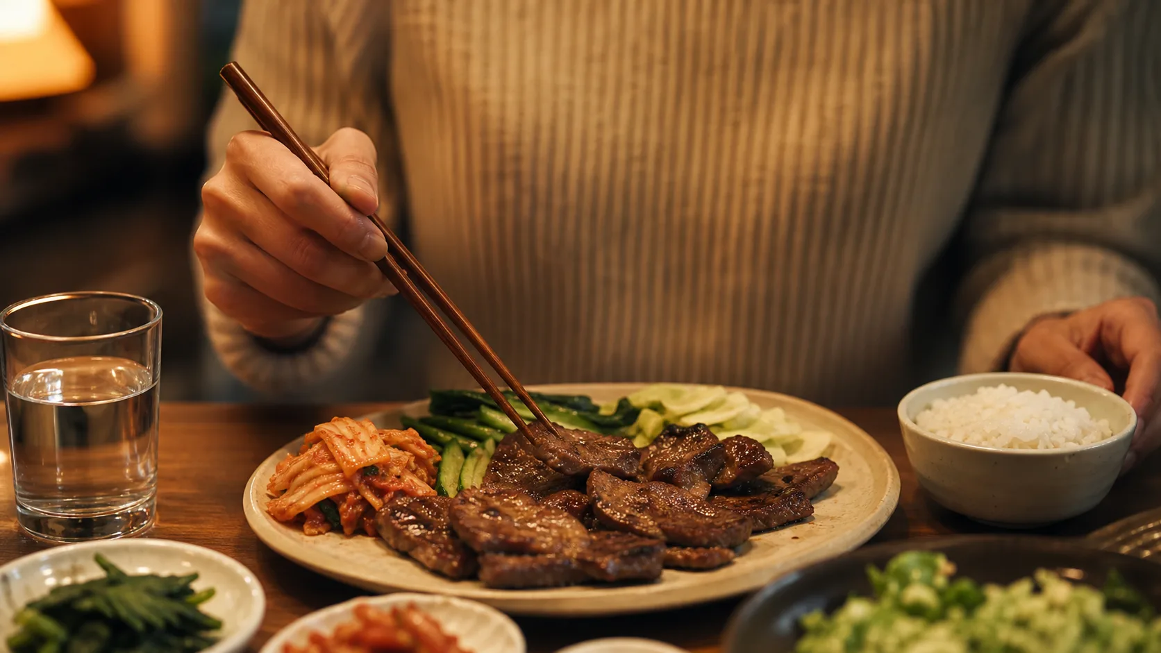 천천히 여유롭게 저녁 식사를 즐기는 모습