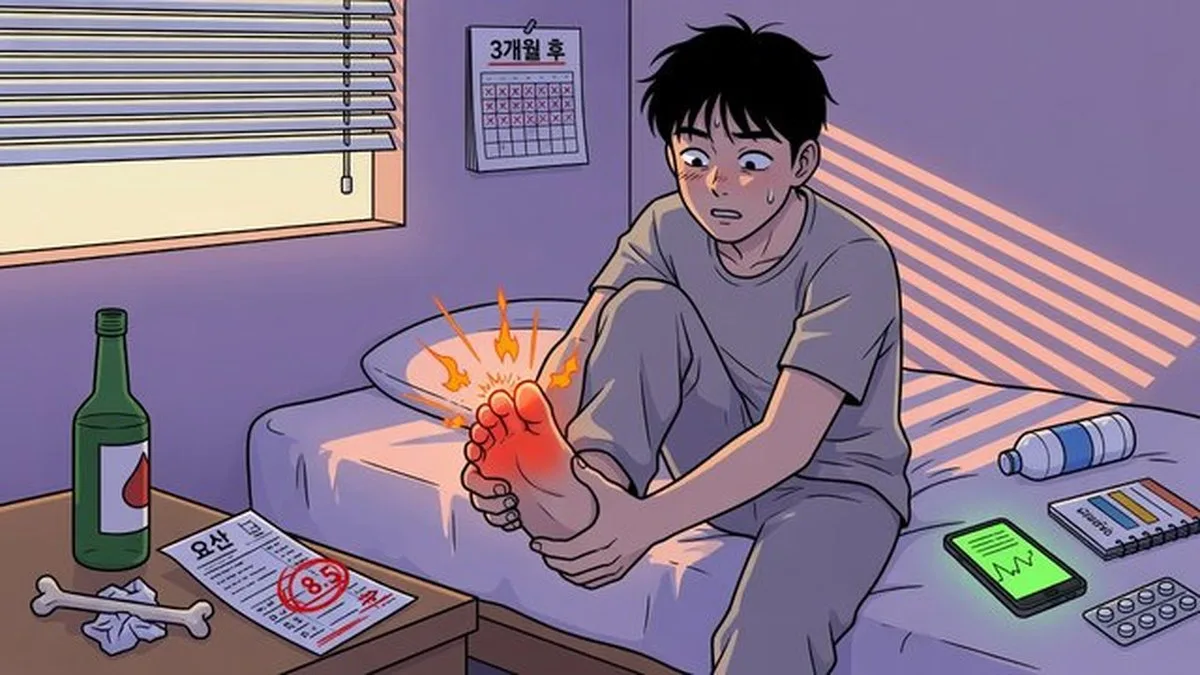 통풍 — 새벽에 엄지발가락이 불에 닿은 듯 아프다가, 병원에서는 요산 8.5만 적혀 있으면 당황스럽습니다. 저도 처음 발작 뒤 '이제 맥주만 끊으면 되겠지' 했는데, 3개월 뒤 또 왔어요. 통풍은 통증이 가라앉은 날이 더 위험합니다. 급할 때 진통제가 필요하지만, 재발을 줄이려면 요산 추세·고퓨린 식사·수분·체중을 같은 형식으로 적는 게 먼저입니다.