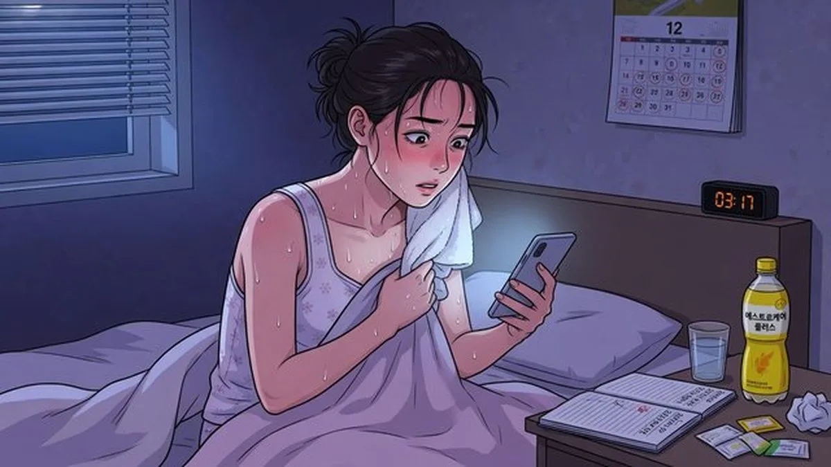 갱년기 — 마지막 생리가 2024년 3월이었는데, 2025년 겨울부터 밤에 갑자기 땀이 나고 잠이 끊겼습니다. '갱년기인가'보다 하루에 몇 번·몇 분인지가 더 궁금했어요. 갱년기(폐경 전후)는 에스트로겐·프로게스테론 변화로 온플래시·수면·기분·질 건조가 겹치는 구간입니다. 2026년 기준에도 대한폐경학회는 증상 패턴을 기록한 뒤 상담하는 순서를 권합니다. 영양제 이름