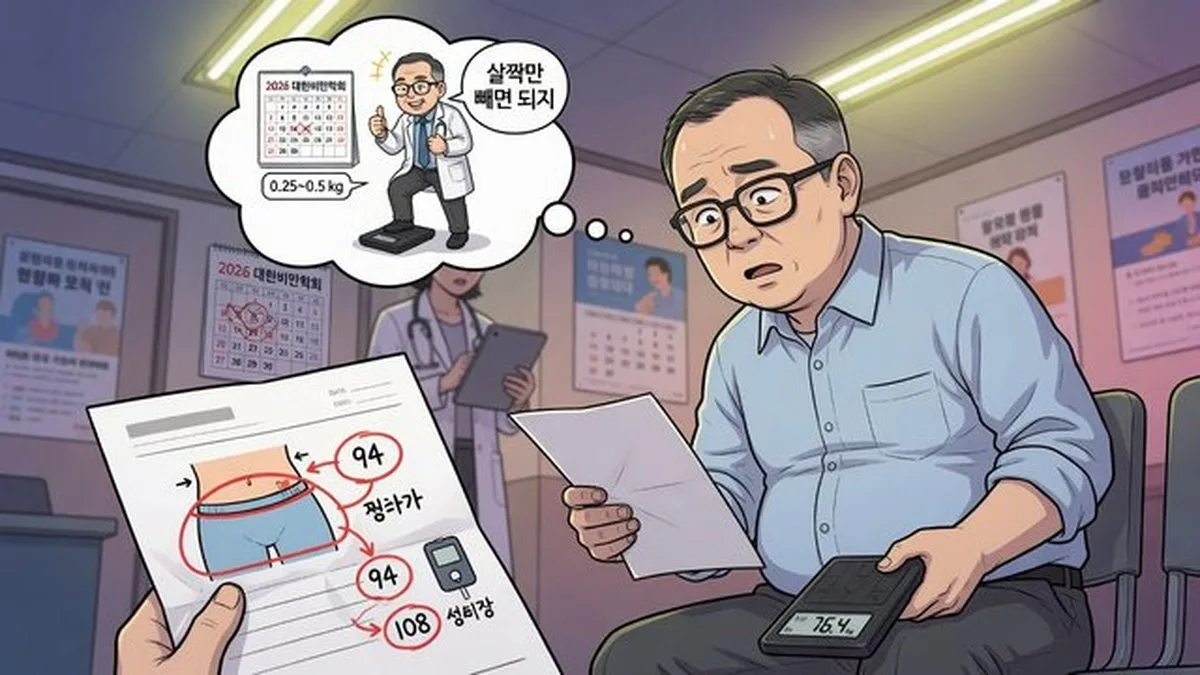 중년다이어트 — 40대 중반에 BMI 26만 보고 '살짝만 빼면 되지' 했는데, 6개월 뒤 허리둘레 94cm와 공복혈당 108이 같이 올라온 지인이 있었습니다. 중년다이어트는 체중계 숫자 하나가 아니라 허리둘레·혈당·근육량을 같이 보는 관리입니다. 2026년 비만학회 안내도 주 0.25~0.5kg 감량을 지속 가능한 속도로 권합니다. 이번 달은 점심 1끼 규칙·허리 7일